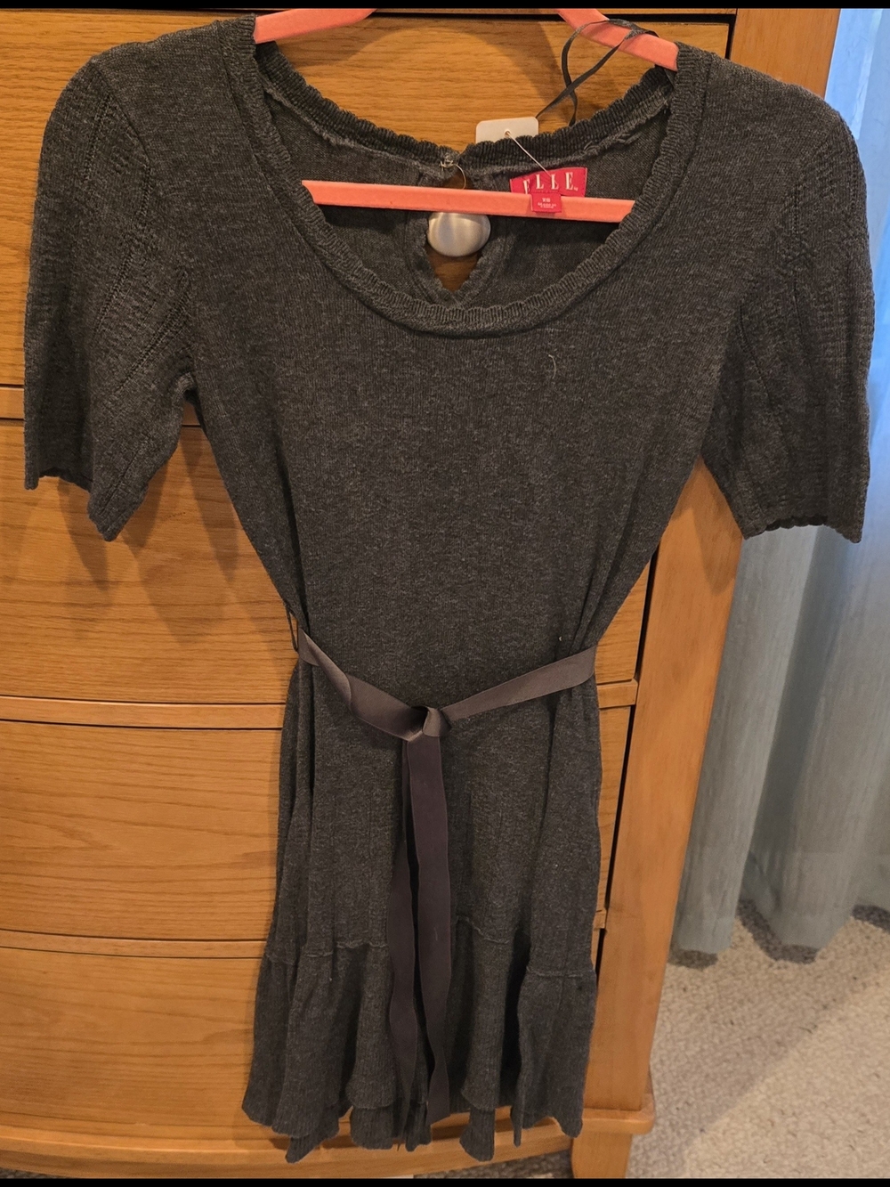 Elle Dark Gray Knit Dress with Waist Tie, XS, Knit Accents, Flare